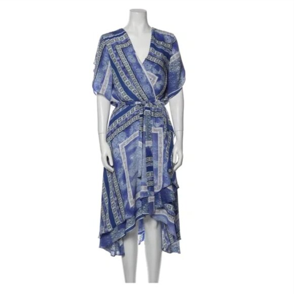 Parker Dominica Midi Dress Womens Medium Blue White Faux Wrap Dolman Sleeve - Picture 2 of 11